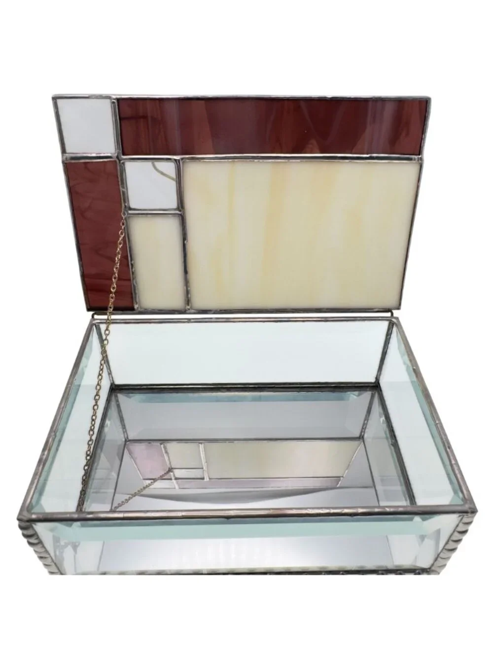 Stained Glass Trinket Jewelry Box Geometric Purple Clear Panels 6.5